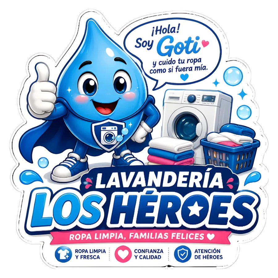 Logo de Lavandería Los Héroes: Goti, la gota con capa, junto a una lavadora y el lema «Ropa limpia, familias felices»